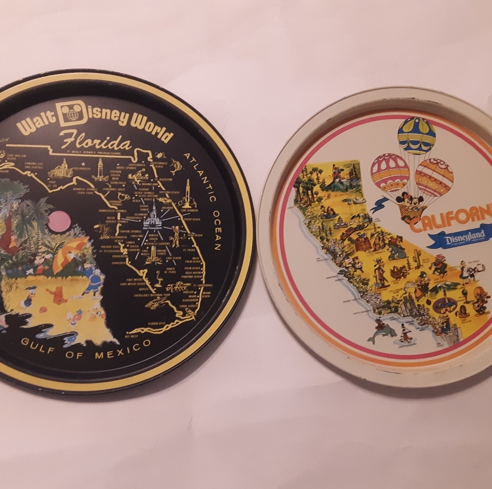 2 Vintage 1970’s Disneyland and World 10.75" Aluminum Metal Trays